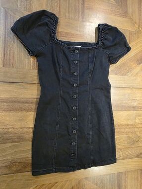 Forever 21 Black Denim Short Dress Sz 0X / 14 / 16 Puff Sleeve Button Front